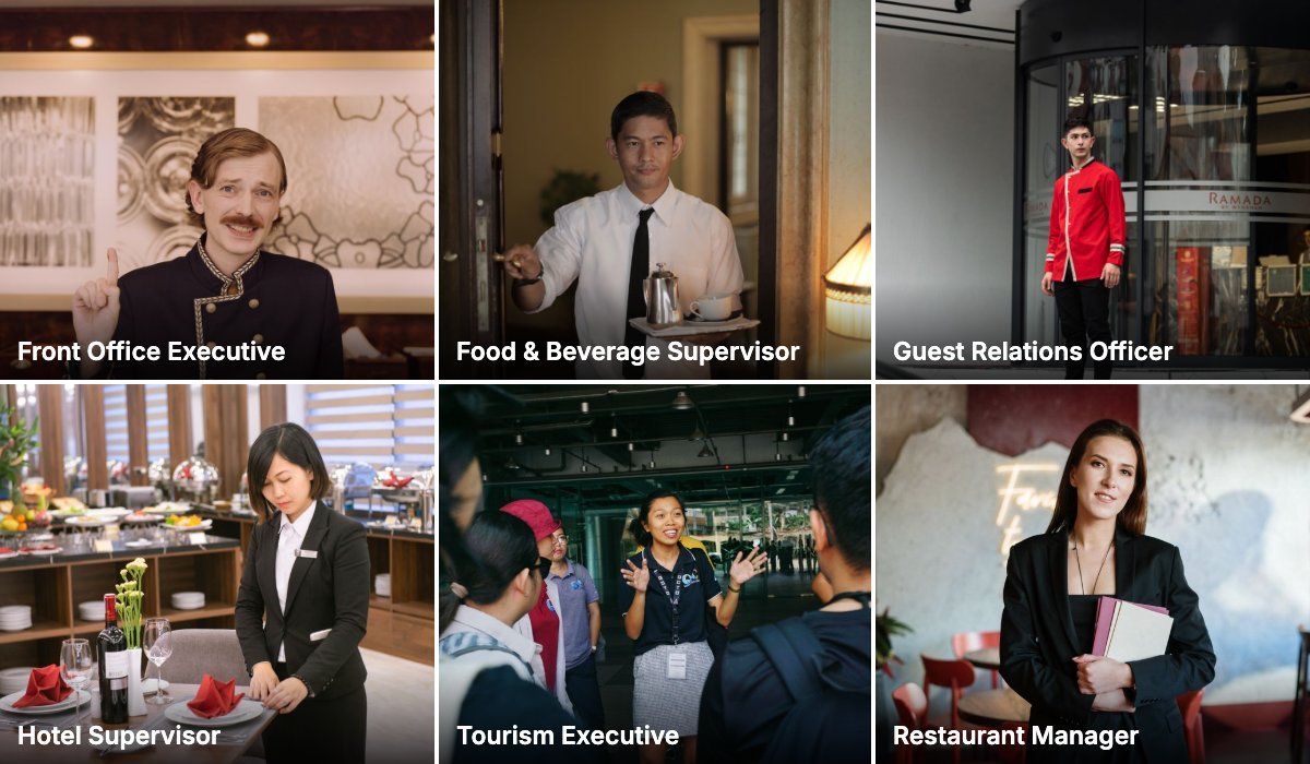 Career roles after the program: front office executive, food and beverage supervisor, guest relations officer, hotel supervisor, tourism executive and restaurant manager